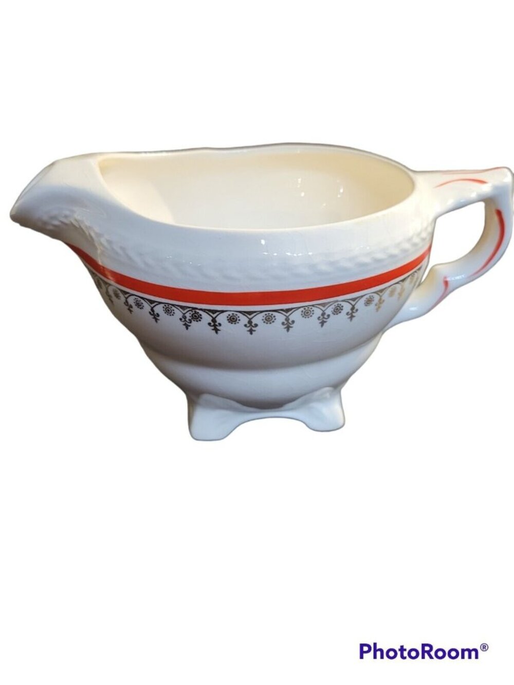 Crown Potteries Co USA Made Creamer Lidded Sugar Set Cream Red Gold c1800-1950 - Picture 2 of 12